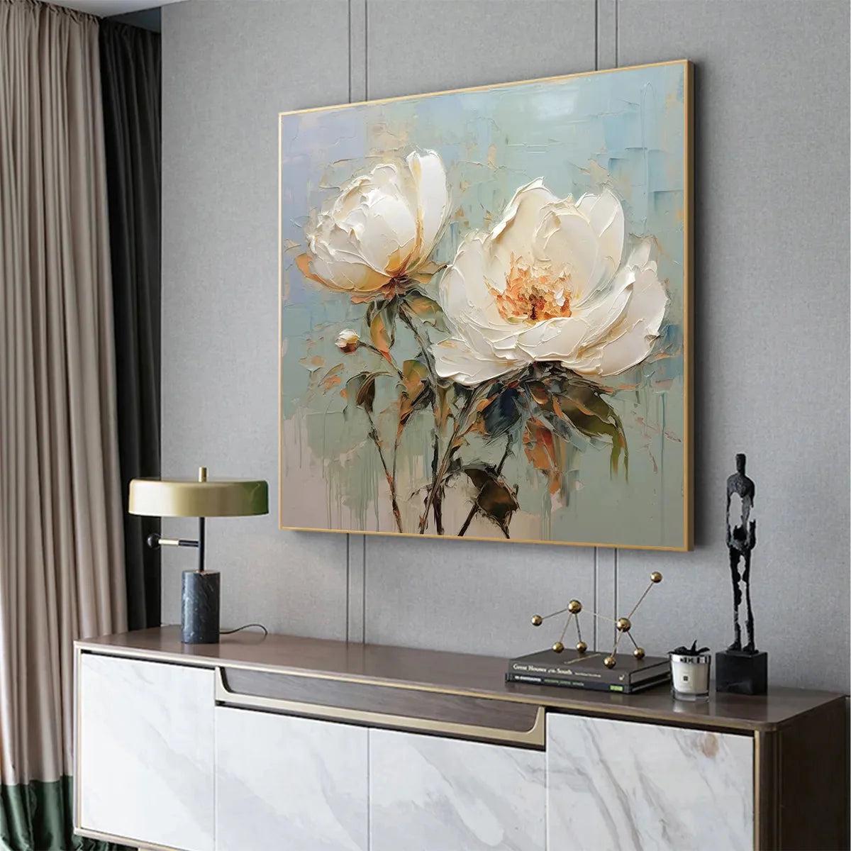 WHITE PEONY DUET | gold frame stretched on neutral wall