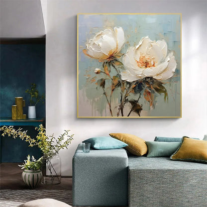 WHITE PEONY DUET | black frame version on white wall