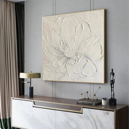 WHITE PEONY | gold frame stretched on neutral wall