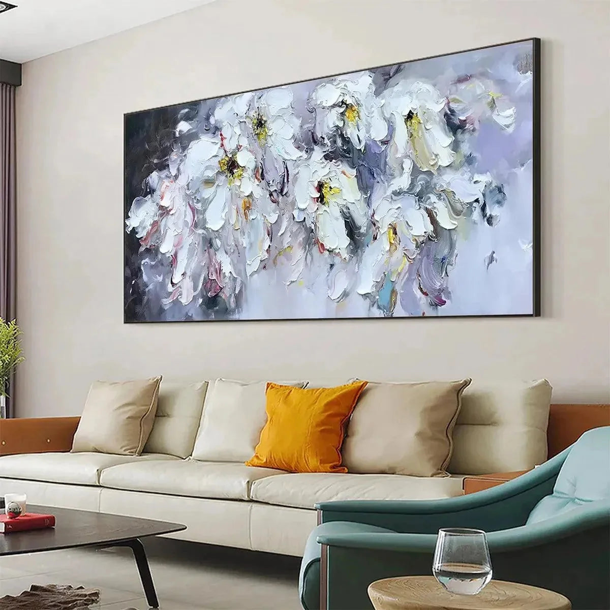 WHITE PETAL DREAM | gold frame stretched on neutral wall