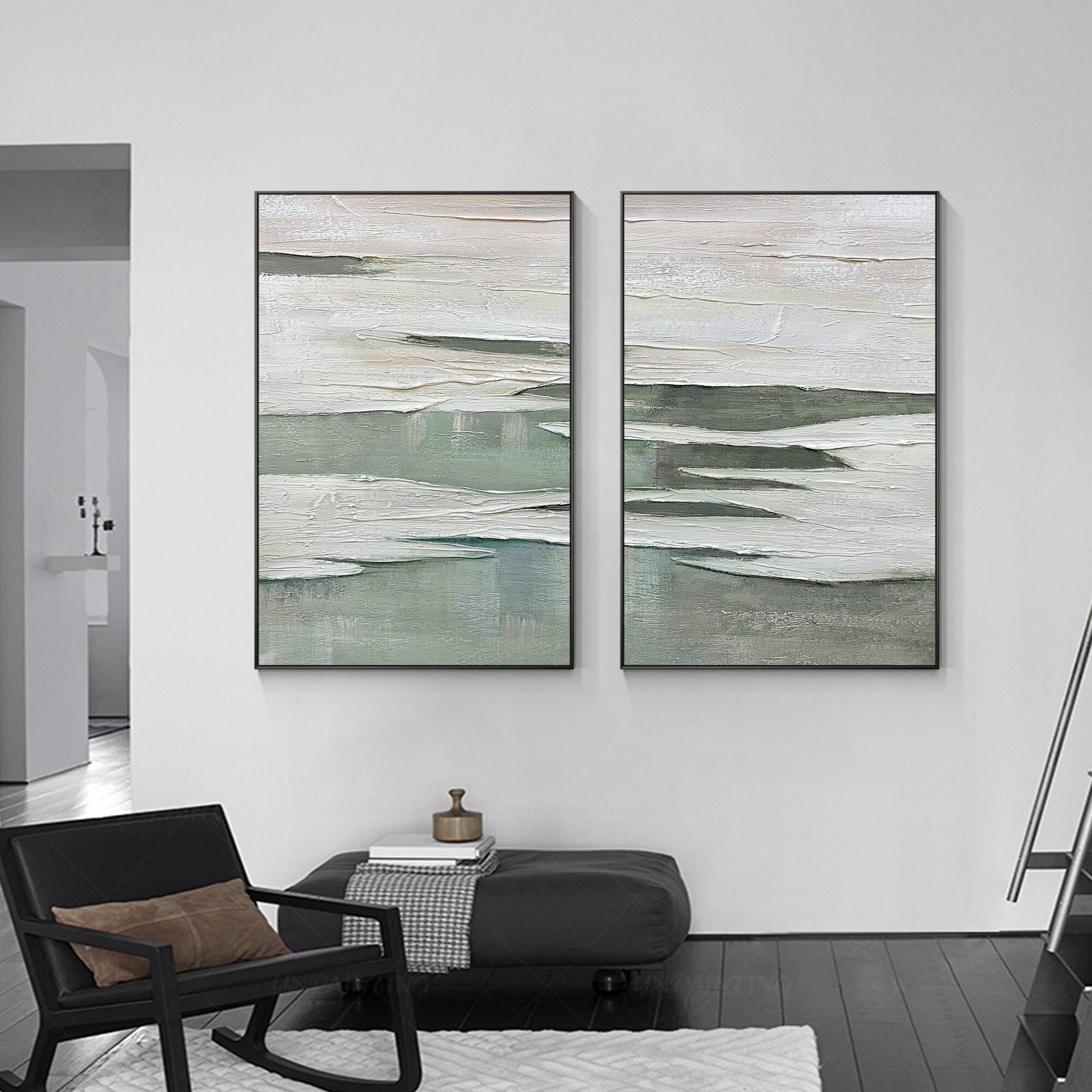 White Sage Green 3D Texture Painting: Set of 2 Minimalist Abstract Wall Art #4