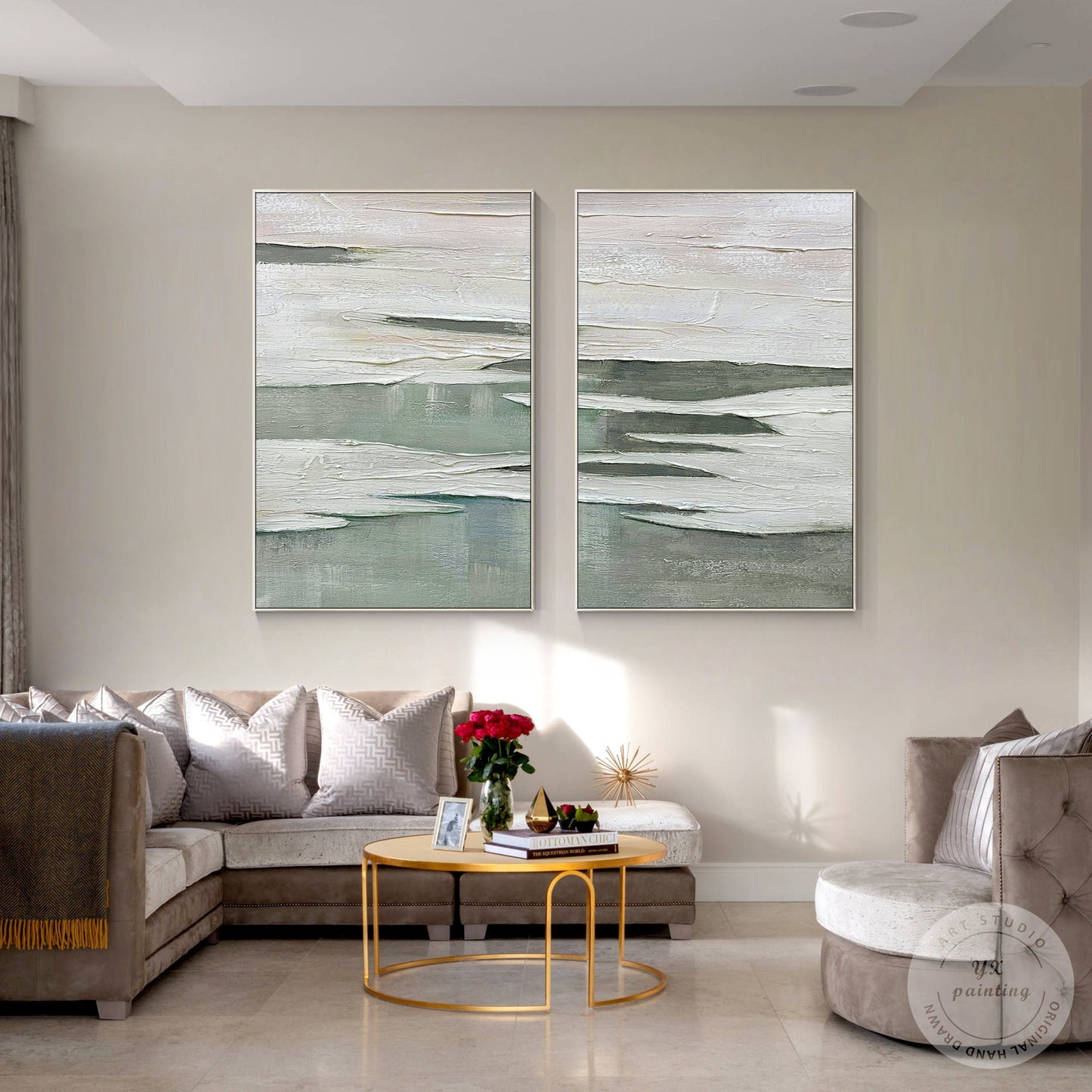 White Sage Green 3D Texture Painting: Set of 2 Minimalist Abstract Wall Art #1