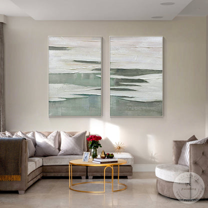White Sage Green 3D Texture Painting: Set of 2 Minimalist Abstract Wall Art #1