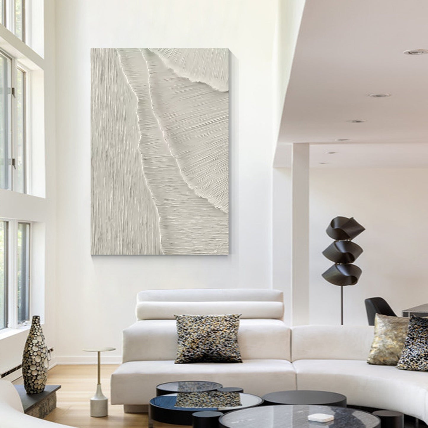 White Texture 3D Painting on Canvas: Abstract Ocean Waves, Nordic Decor #5
