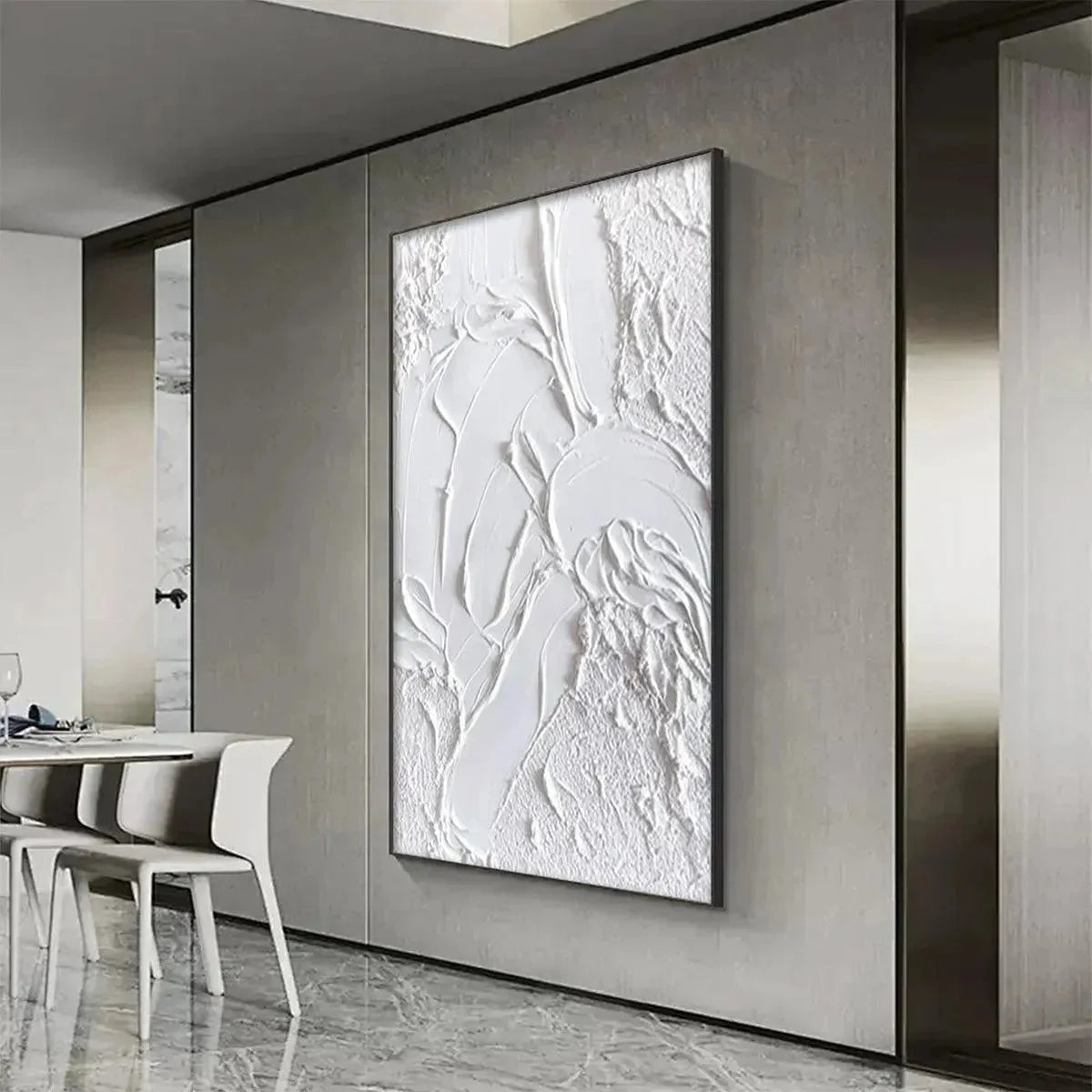 WHITE TEXTURE | gold frame stretched on neutral wall