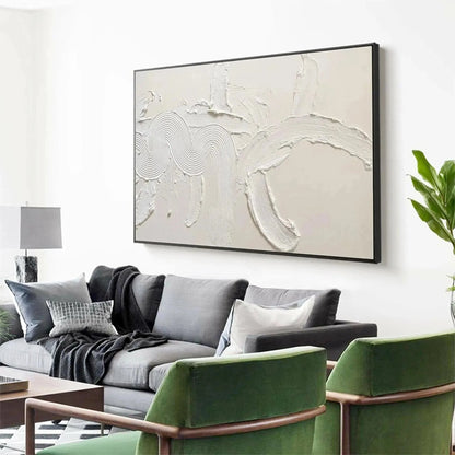 WHITE TEXTURED ABSTRACT | gold frame stretched on neutral wall