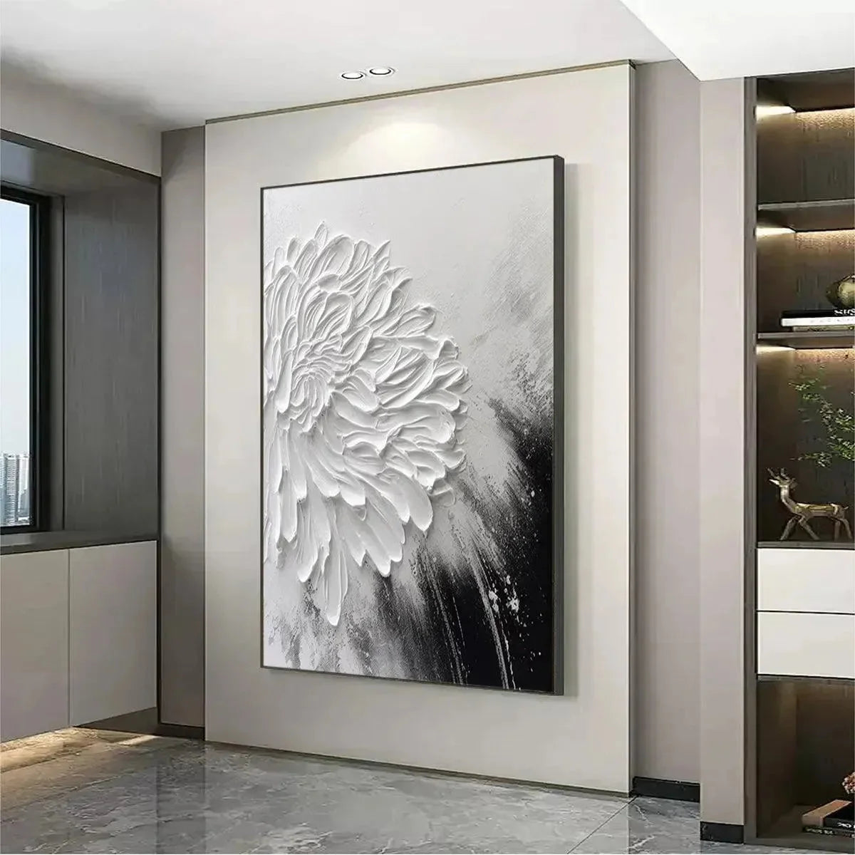WHITE TEXTURED BLOOM | gold frame stretched on neutral wall