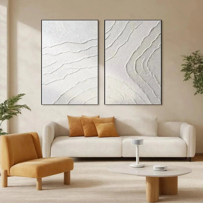 WHITE TEXTURED LINES DIPTYCH | Abstract closeup, raised brushwork detail
