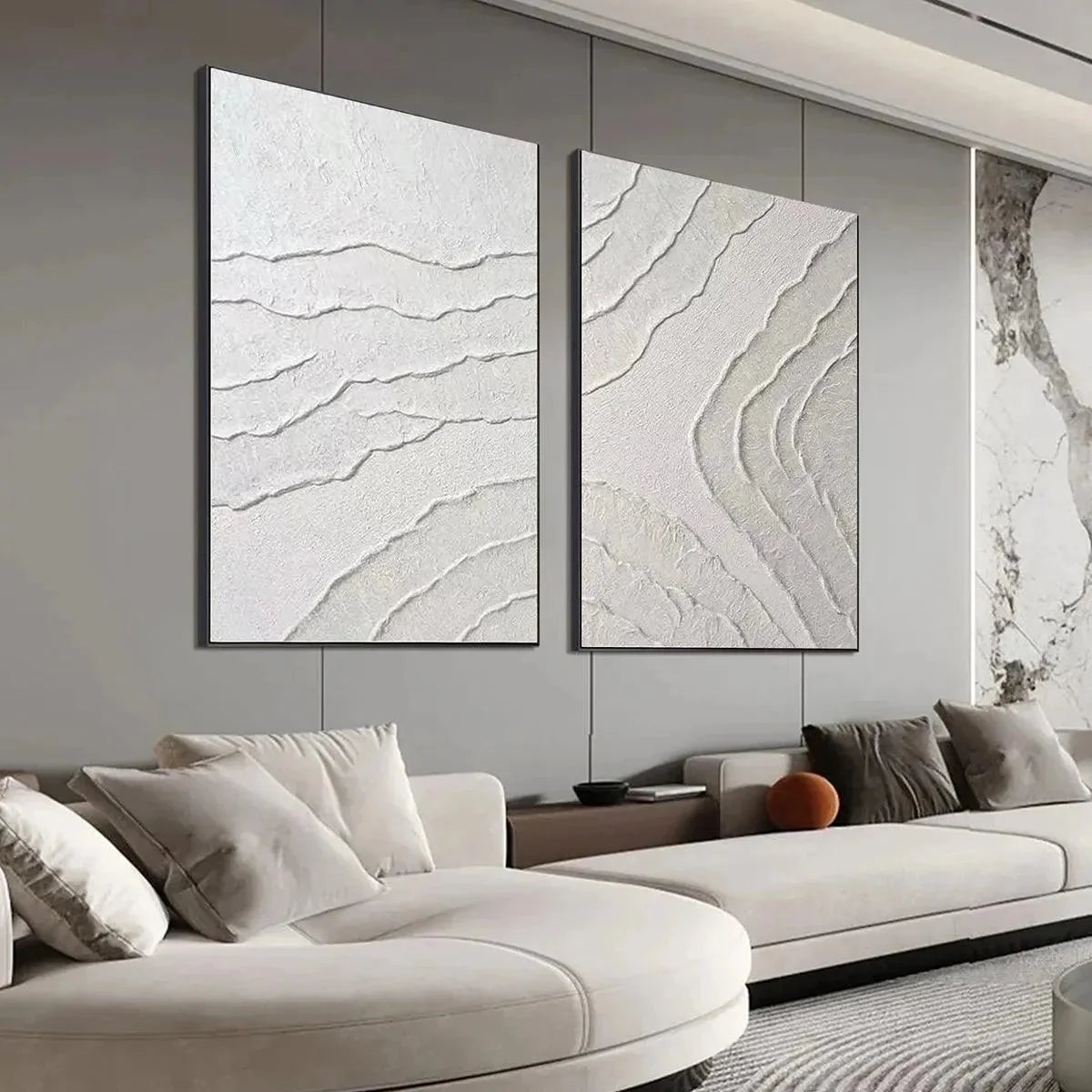 WHITE TEXTURED LINES DIPTYCH | gold frame stretched on neutral wall