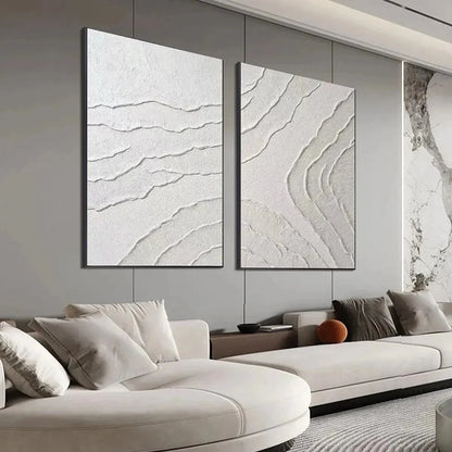 WHITE TEXTURED LINES DIPTYCH | gold frame stretched on neutral wall