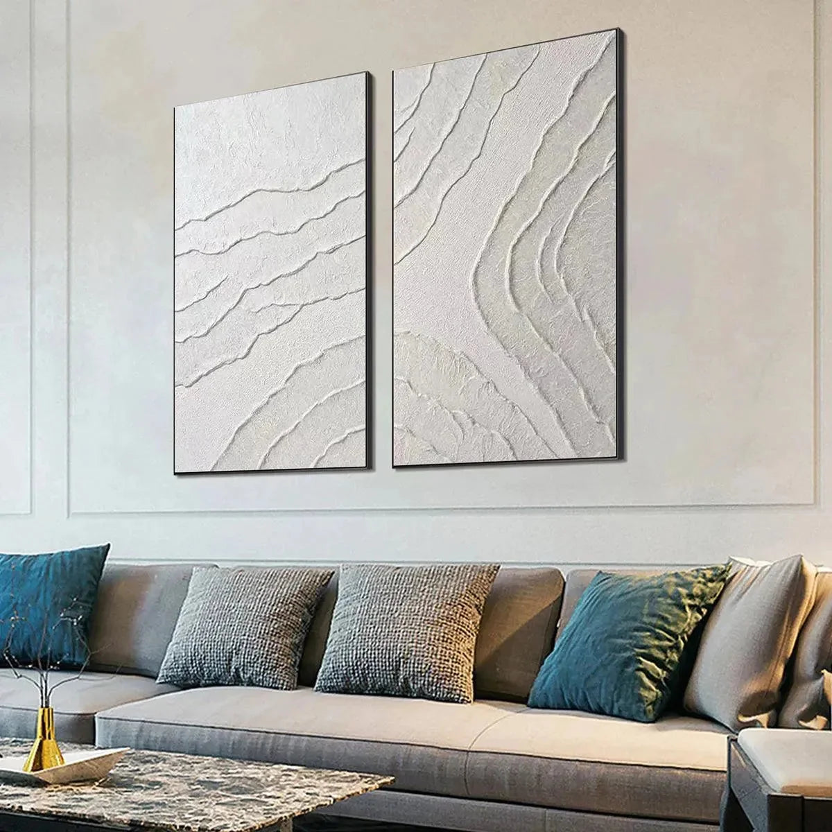 WHITE TEXTURED LINES DIPTYCH | multi-color palette, original  art