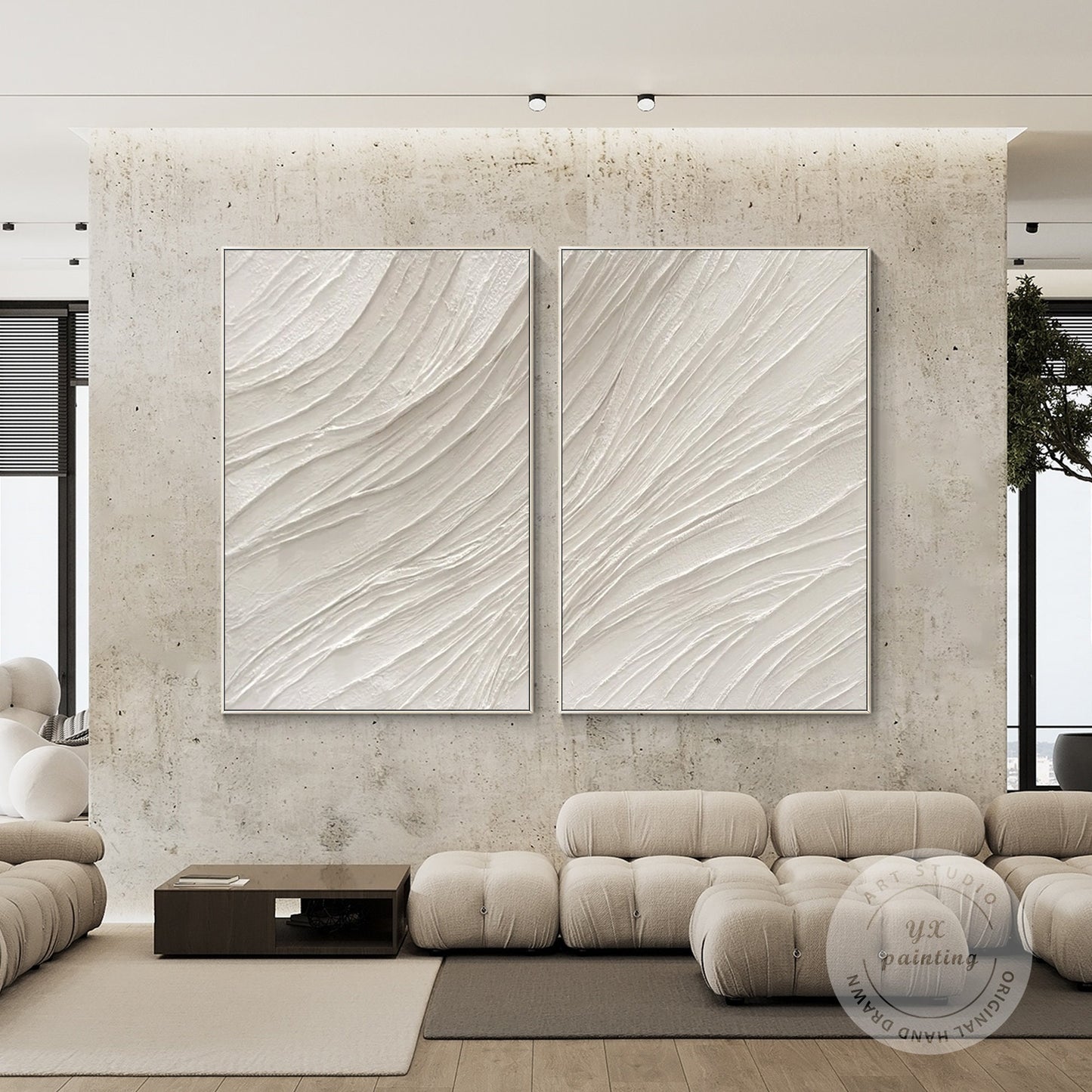 White textured minimalist 2 pieces painting, nordic/modern wall art, set of 2 li #5