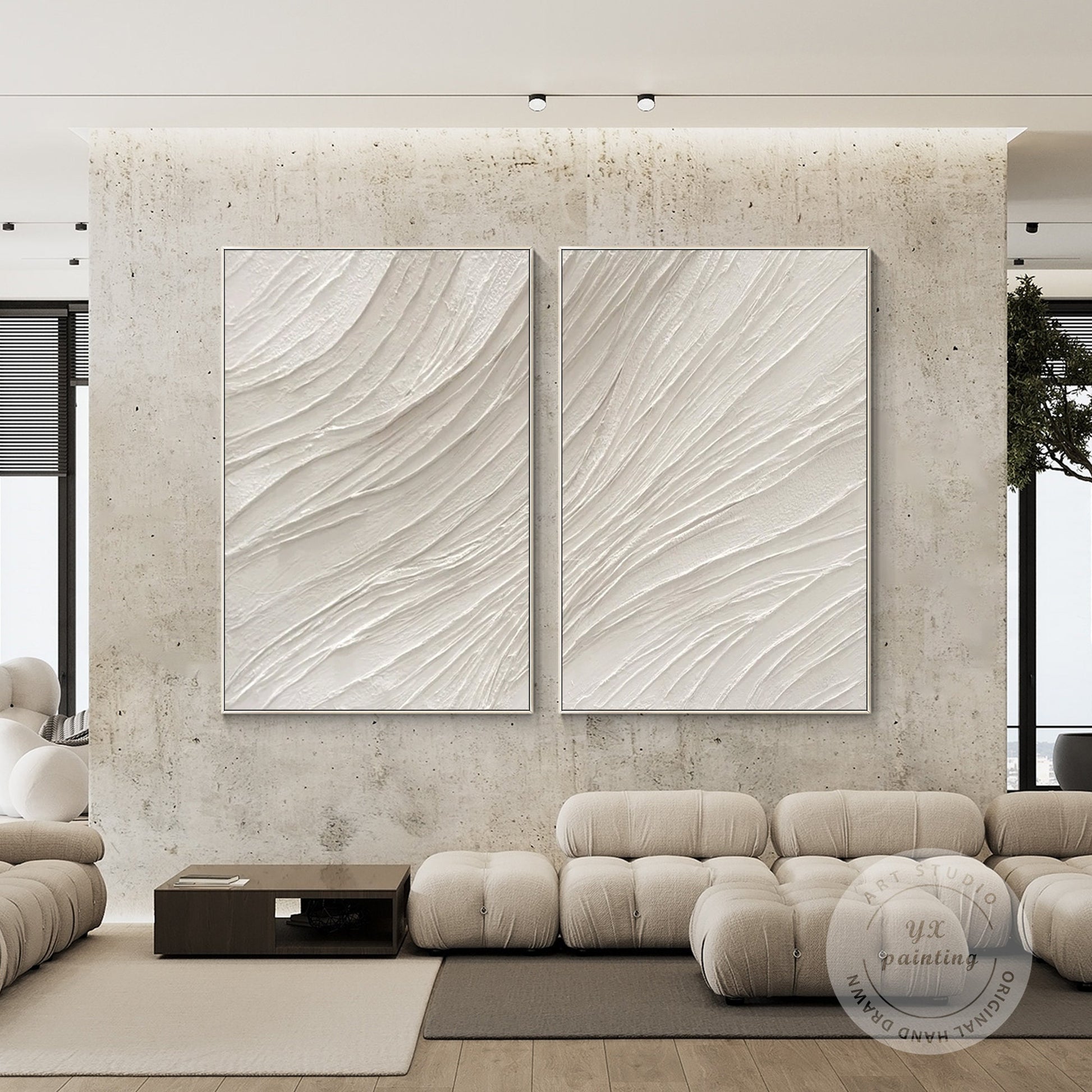 White textured minimalist 2 pieces painting, nordic/modern wall art, set of 2 li #5