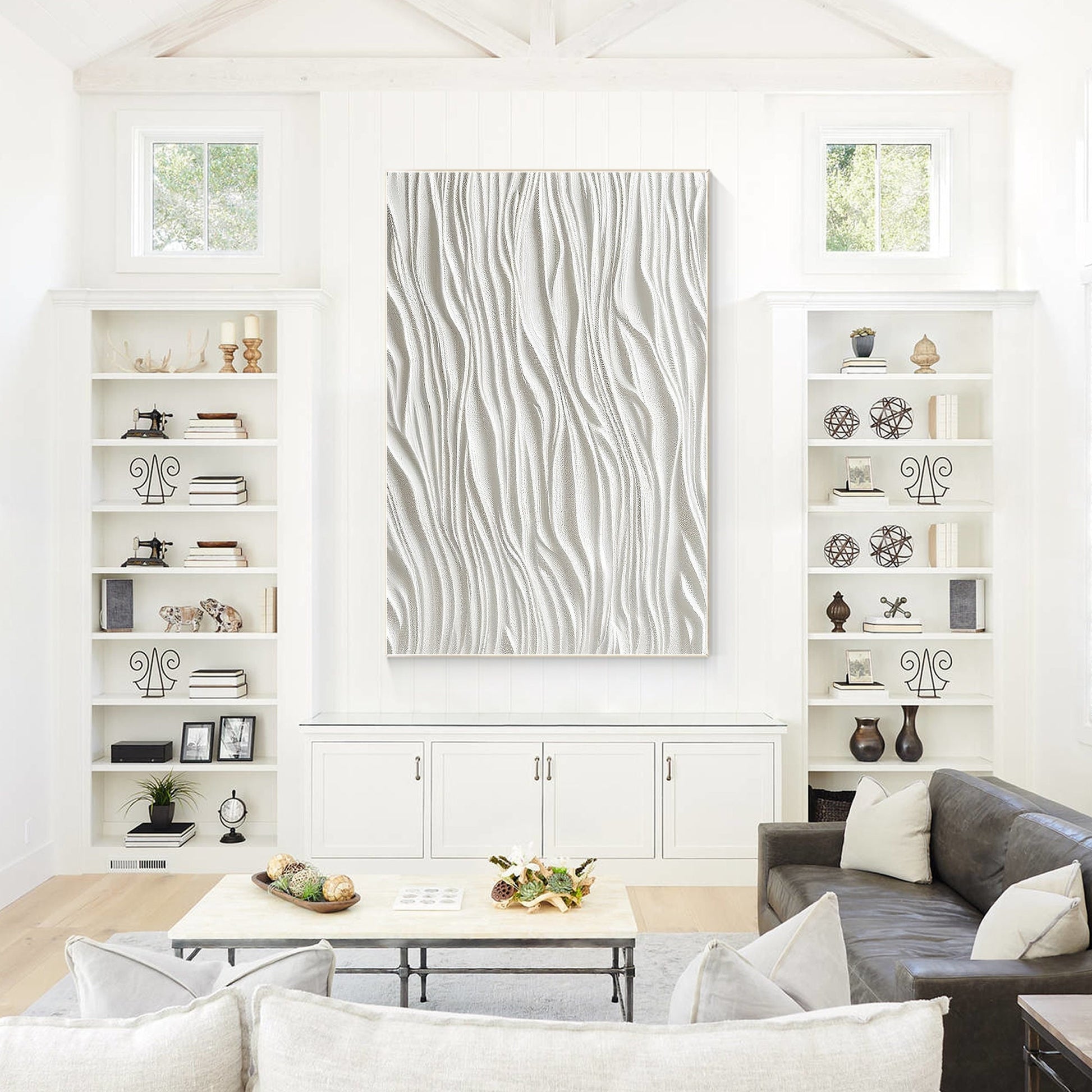 White Textured Painting: 3D Minimalist Framed Canvas Wall Art #1