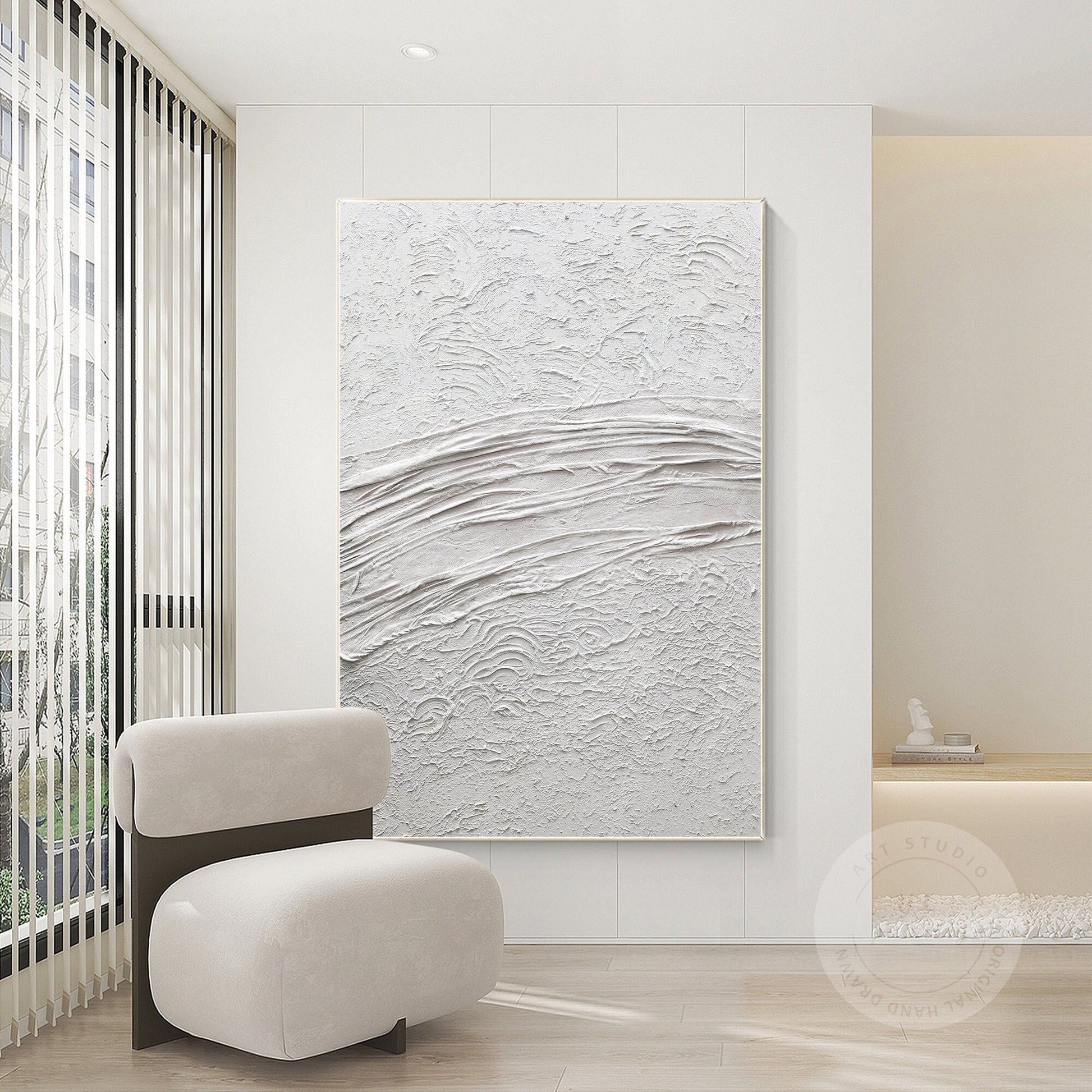 White Textured Painting On Canvas: Framed 3D Minimalist Wall Art #1