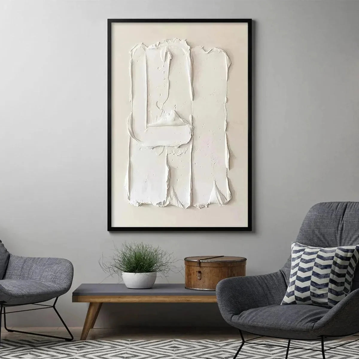 WHITE TEXTURED RELIEF | gold frame stretched on neutral wall