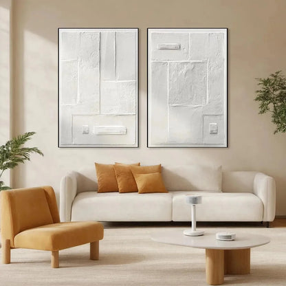 WHITE TEXTURED VERTICAL DIPTYCH | Minimalist closeup, raised brushwork detail