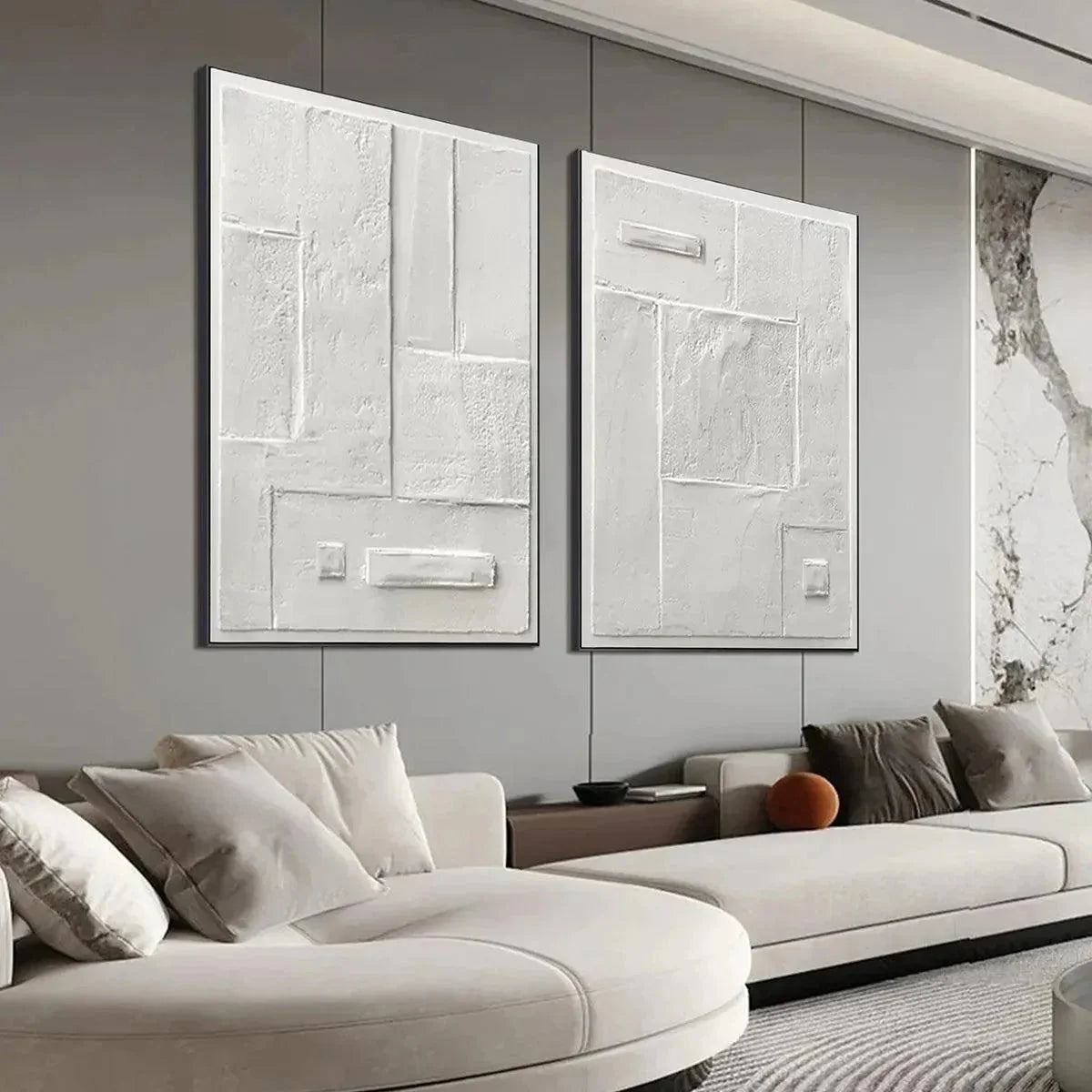 WHITE TEXTURED VERTICAL DIPTYCH | gold frame stretched on neutral wall