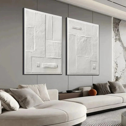 WHITE TEXTURED VERTICAL DIPTYCH | gold frame stretched on neutral wall