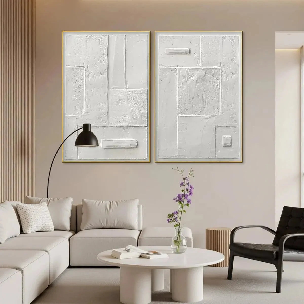 WHITE TEXTURED VERTICAL DIPTYCH | rolled canvas, ready for custom framing