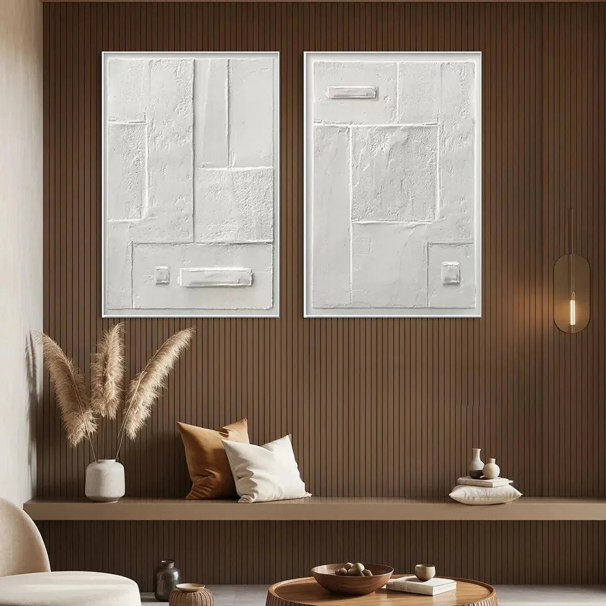 WHITE TEXTURED VERTICAL DIPTYCH | beige palette, original  art