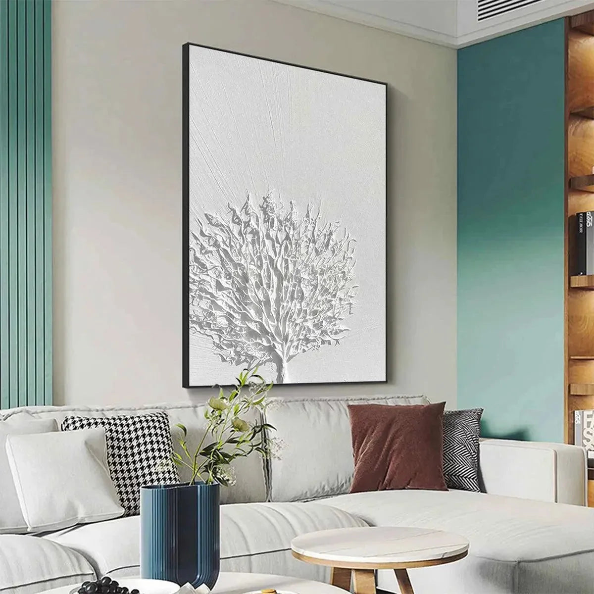WHITE TEXTURED TREE | rectangular format, hand-painted canvas edge