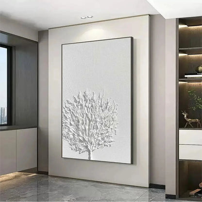 WHITE TEXTURED TREE | black frame version on white wall