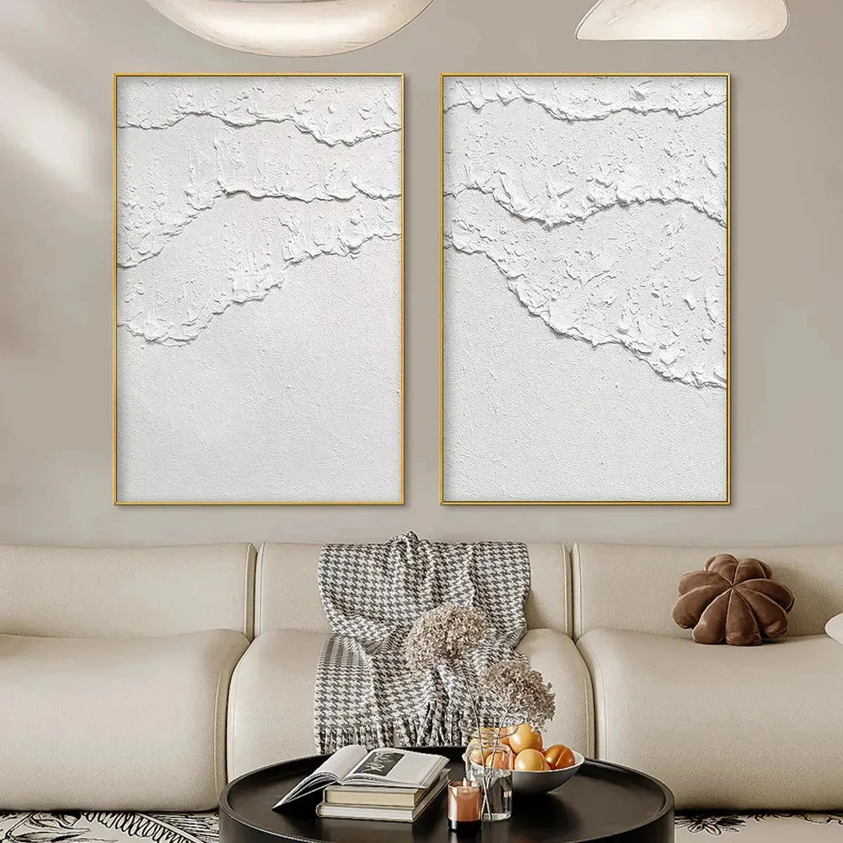 WHITE TEXTURED WAVES DIPTYCH | Abstract closeup, raised brushwork detail