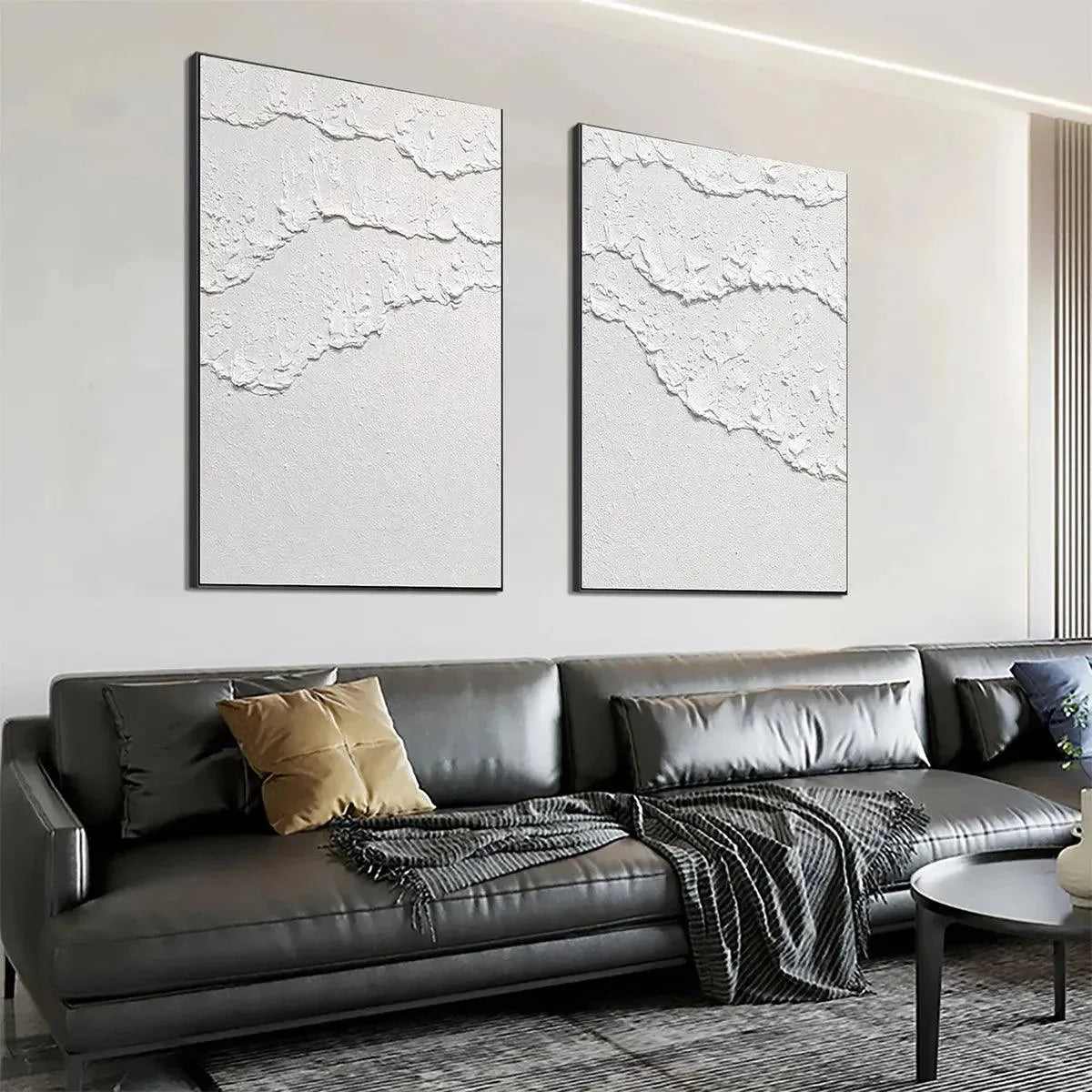WHITE TEXTURED WAVES DIPTYCH | gold frame stretched on neutral wall