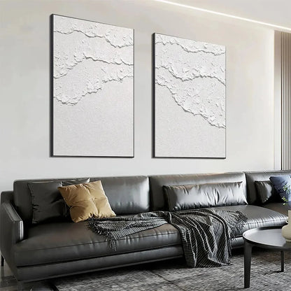 WHITE TEXTURED WAVES DIPTYCH | gold frame stretched on neutral wall