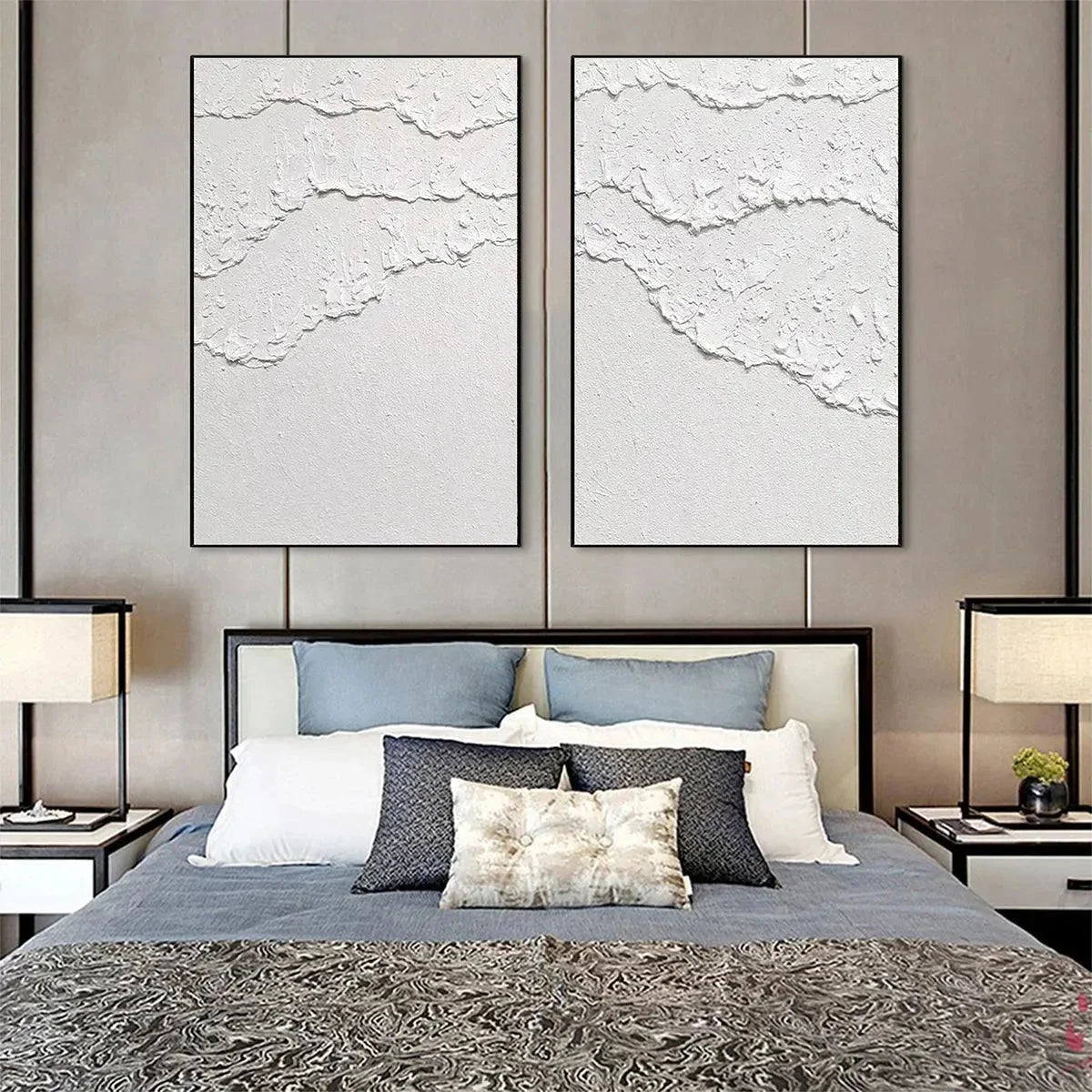 WHITE TEXTURED WAVES DIPTYCH | multi-color palette, original  art