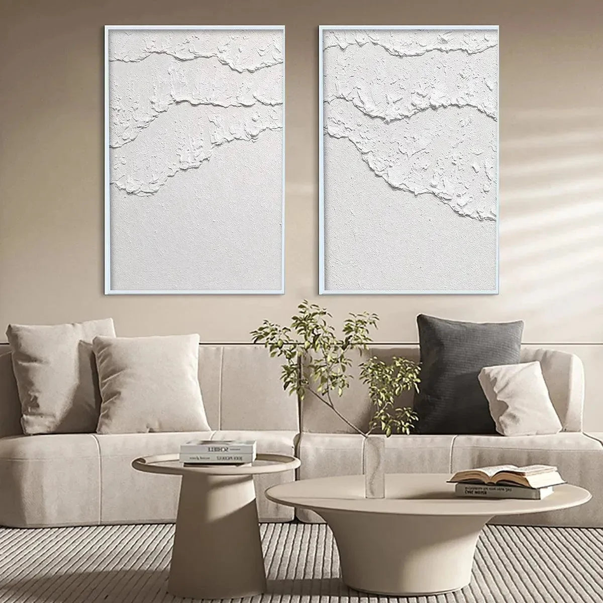 WHITE TEXTURED WAVES DIPTYCH | texture detail, palette knife marks visible