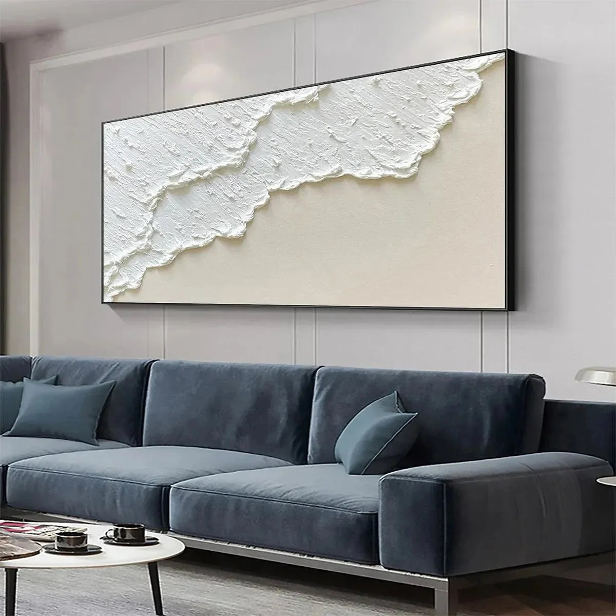 WHITE WAVE | gold frame stretched on neutral wall