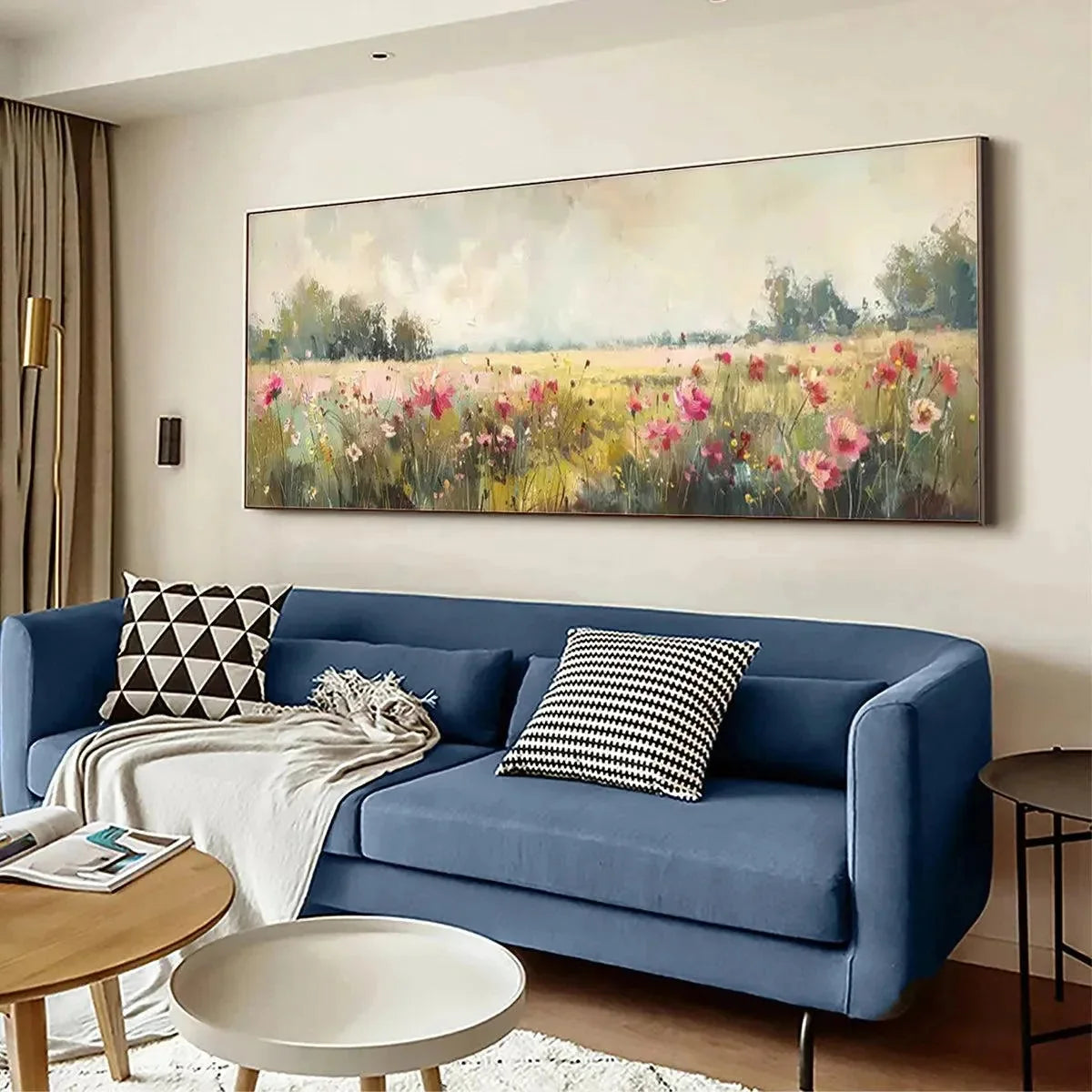 WILD FLOWER FIELD PANORAMIC | gold frame stretched on neutral wall