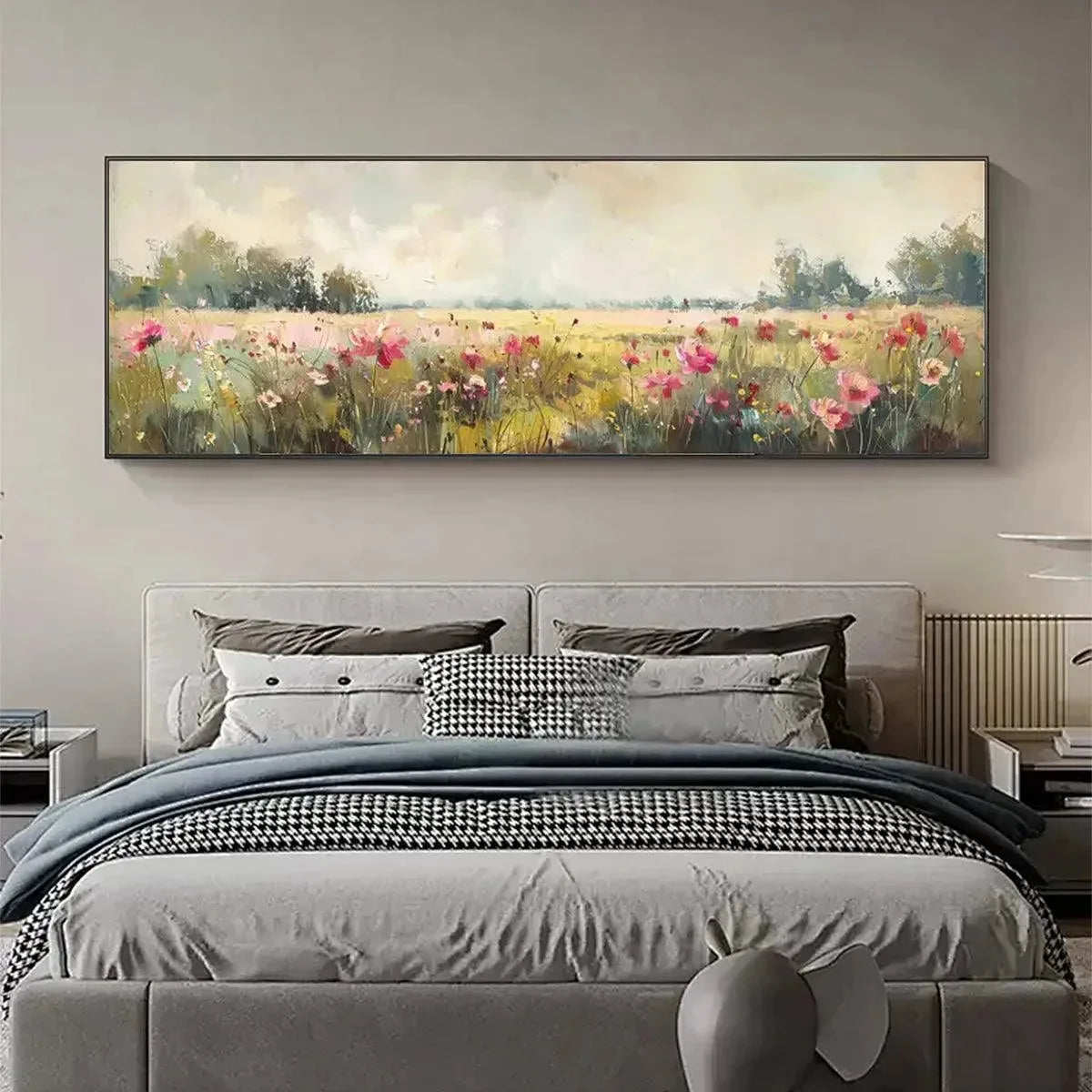 WILD FLOWER FIELD PANORAMIC | black frame version on white wall