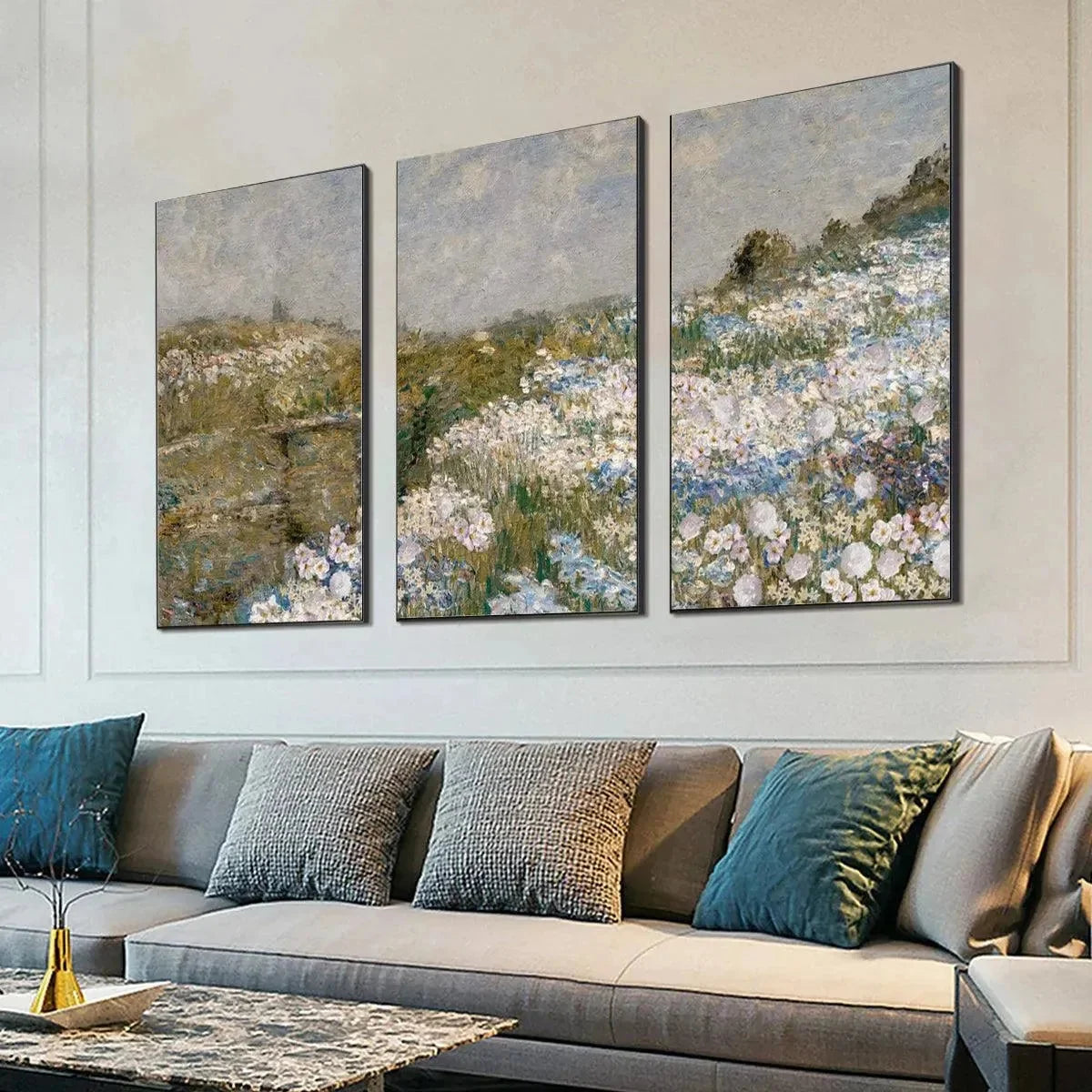 WILDFLOWER FIELD TRIPTYCH | Landscape closeup, raised brushwork detail