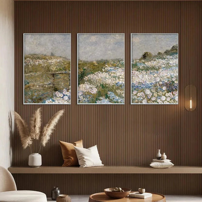 WILDFLOWER FIELD TRIPTYCH | gold frame stretched on neutral wall