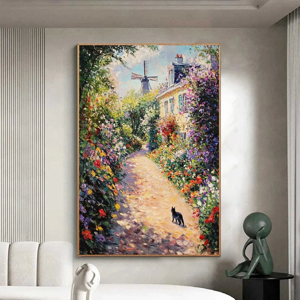 WINDMILL WAY: Charming Village Garden Path Oil Painting | textured closeup, raised brushwork detail