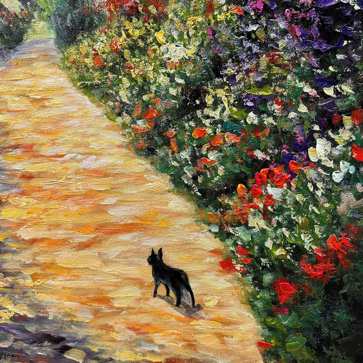 WINDMILL WAY: Charming Village Garden Path Oil Painting | rectangular format, hand-painted canvas edge
