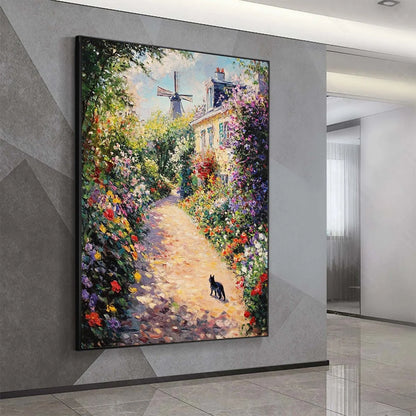 WINDMILL WAY: Charming Village Garden Path Oil Painting | gold frame stretched on neutral wall