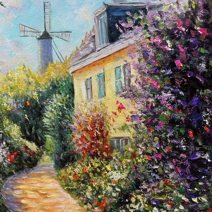 WINDMILL WAY: Charming Village Garden Path Oil Painting | rolled canvas, ready for custom framing