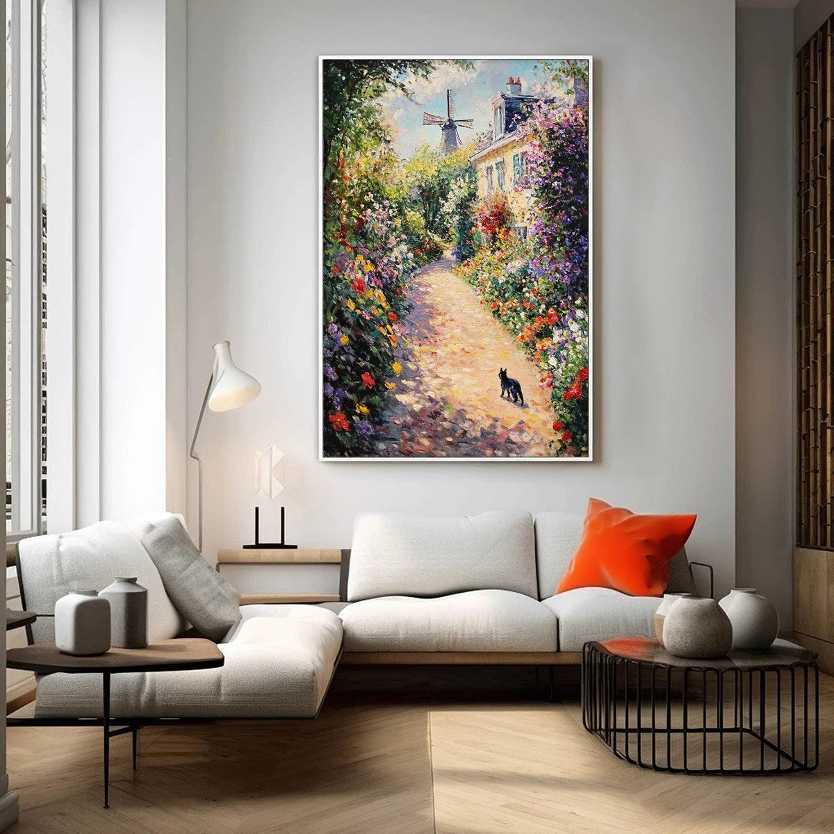 WINDMILL WAY: Charming Village Garden Path Oil Painting | black frame version on white wall