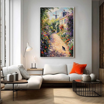 WINDMILL WAY: Charming Village Garden Path Oil Painting | black frame version on white wall