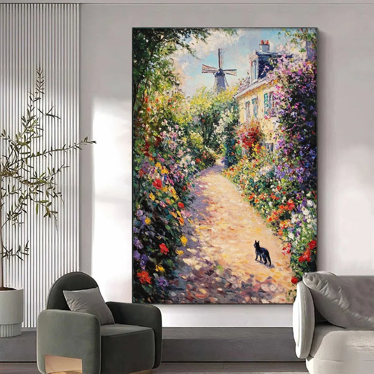 WINDMILL WAY: Charming Village Garden Path Oil Painting | textured mood, soft natural light studio shot
