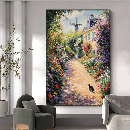 WINDMILL WAY: Charming Village Garden Path Oil Painting | textured mood, soft natural light studio shot