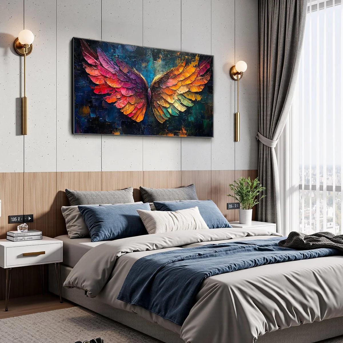 WINGS OF ASCENSION | gold frame stretched on neutral wall