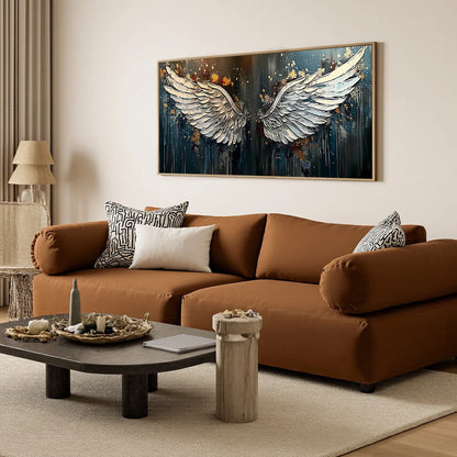 WINGS OF HOPE | gold frame stretched on neutral wall
