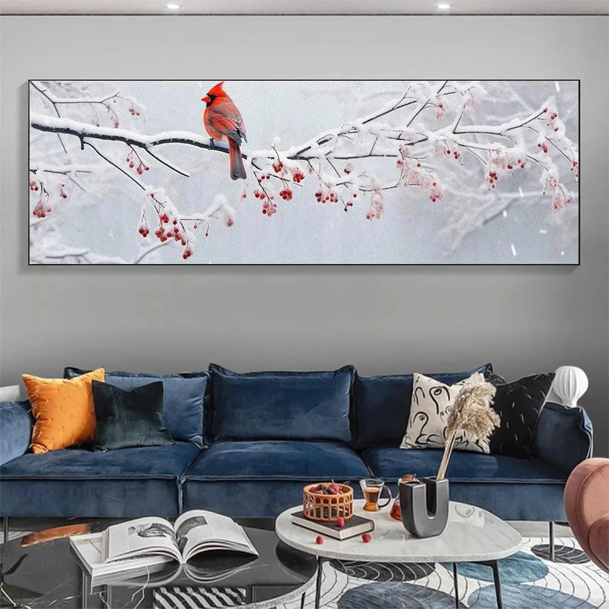 WINTER CARDINAL PANORAMIC | Abstract closeup, raised brushwork detail