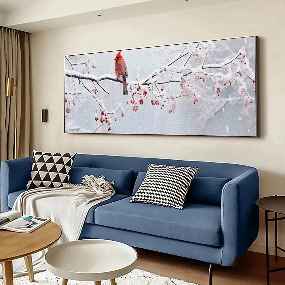 WINTER CARDINAL PANORAMIC | gold frame stretched on neutral wall