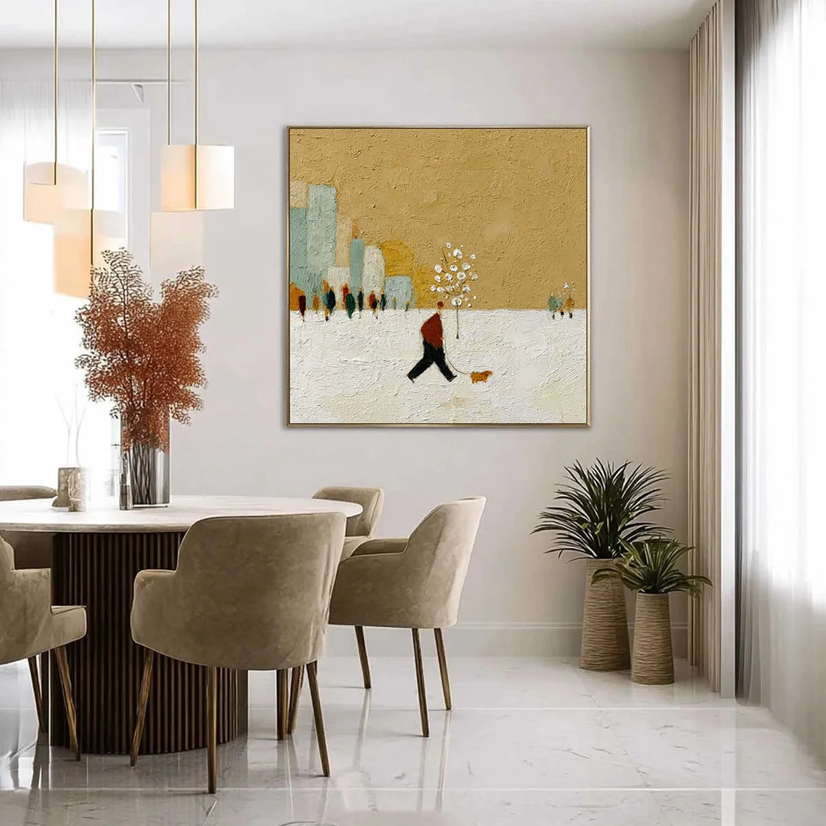 WINTER STROLL | gold frame stretched on neutral wall